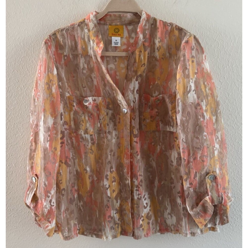 RUBY RD 3/4 SLEEVE ROLL TAB BURNOUT SHEER SHIRT size 10 animal print pockets